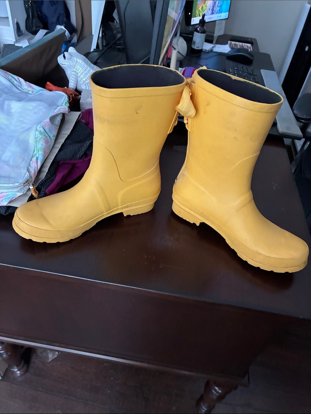 Lemon Bright Yellow Women's Rain Boots with Back Ribbon - Picture 3 of 7